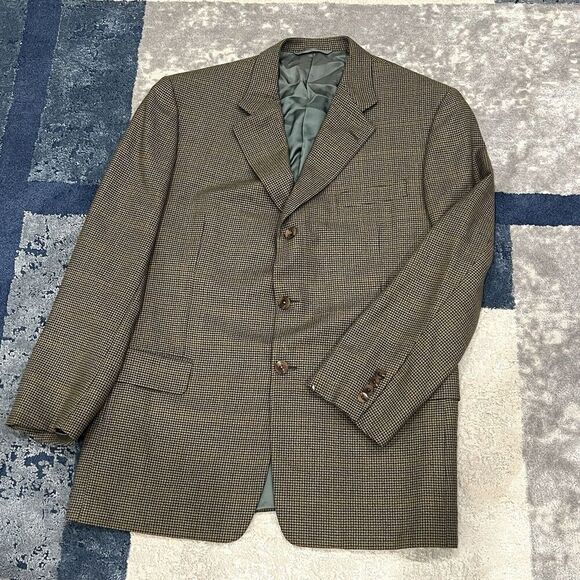 Hickey Freeman Boardroom Men's 43R Wool Blazer Brown Houndstooth Jacket Coat - Picture 1 of 12
